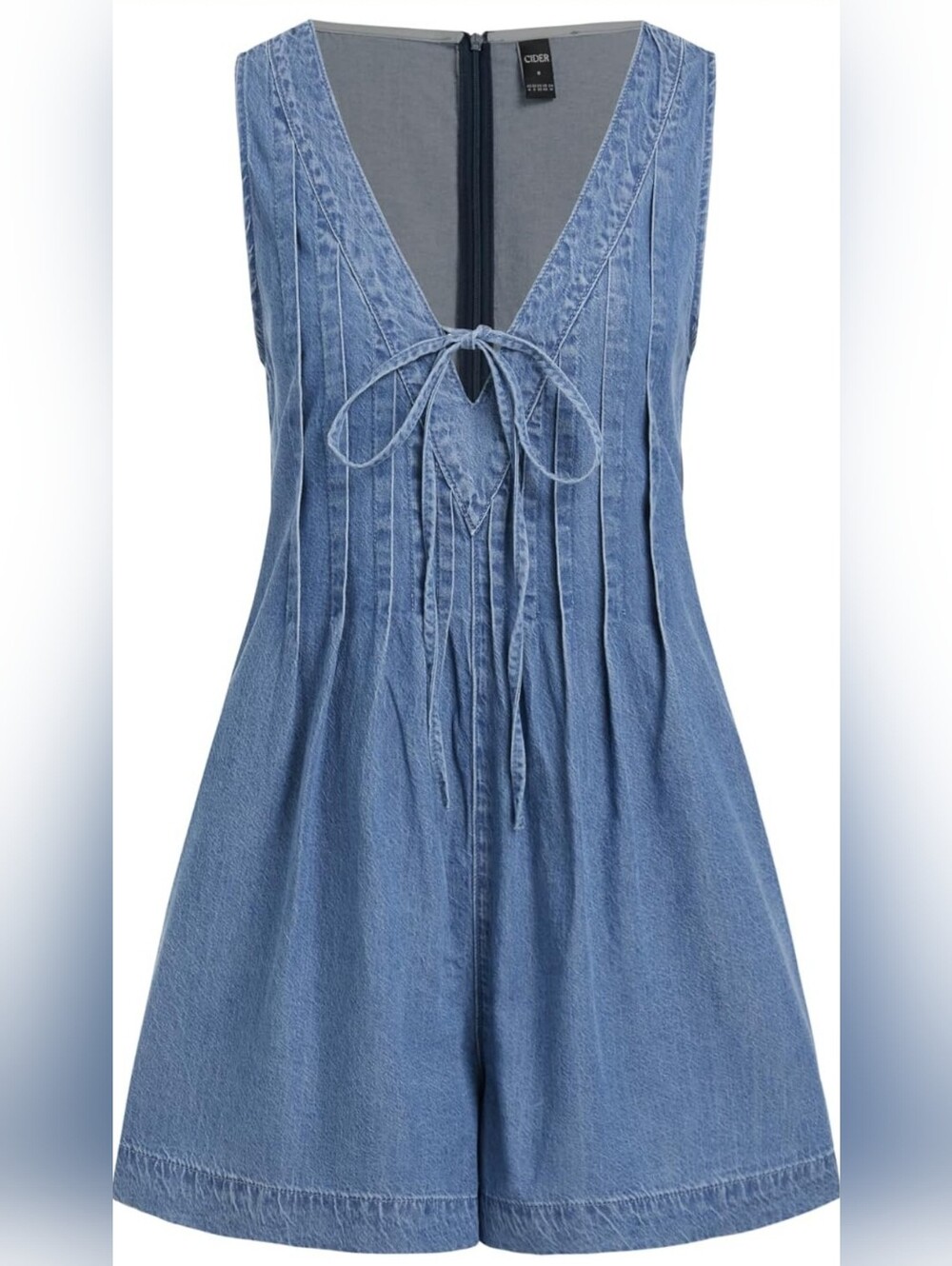 Cider Blue Denim Tie-Front Pleated Sleeveless Romper